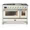 ILVE Majestic III 48-inch Dual Fuel Range with 5 Natural Gas Burner, Griddle and Triple Glass Door Electric Oven in Antique White with Chrome Trim (UM48FNR3AWC)