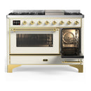 ILVE Majestic III 48-inch Dual Fuel Range with 5 Liquid Propane Burner, Griddle and Triple Glass Door Electric Oven in Antique White with Brass Trim (UM48FNR3AWGLP)