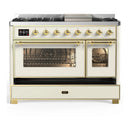 ILVE Majestic III 48-inch Dual Fuel Range with 5 Natural Gas Burner, Griddle and Triple Glass Door Electric Oven in Antique White with Brass Trim (UM48FNR3AWG)