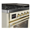 ILVE Majestic III 48-inch Dual Fuel Range with 5 Natural Gas Burner, Griddle and Triple Glass Door Electric Oven in Antique White with Brass Trim (UM48FNR3AWG)