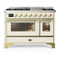 ILVE Majestic III 48-inch Dual Fuel Range with 5 Natural Gas Burner, Griddle and Triple Glass Door Electric Oven in Antique White with Brass Trim (UM48FNR3AWG)