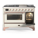 ILVE Majestic III 48-inch Dual Fuel Range with 5 Liquid Propane Burner, Griddle and Triple Glass Door Electric Oven in Antique White with Copper Trim (UM48FNR3AWPLP)