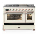 ILVE Majestic III 48-inch Dual Fuel Range with 5 Natural Gas Burner, Griddle and Triple Glass Door Electric Oven in Antique White with Copper Trim (UM48FNR3AWP)
