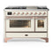 ILVE Majestic III 48-inch Dual Fuel Range with 5 Natural Gas Burner, Griddle and Triple Glass Door Electric Oven in Antique White with Copper Trim (UM48FNR3AWP)