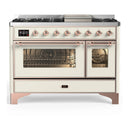 ILVE Majestic III 48-inch Dual Fuel Range with 5 Liquid Propane Burner, Griddle and Triple Glass Door Electric Oven in Antique White with Copper Trim (UM48FNR3AWPLP)
