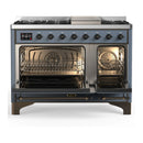 ILVE Majestic III 48-inch Dual Fuel Range with 5 Liquid Propane Burner, Griddle and Triple Glass Door Electric Oven in Blue Grey with Burnished Trim (UM48FNR3BGBLP)