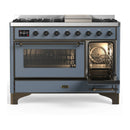 ILVE Majestic III 48-inch Dual Fuel Range with 5 Natural Gas Burner, Griddle and Triple Glass Door Electric Oven in Blue Grey with Burnished Trim (UM48FNR3BGB)