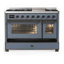 ILVE Majestic III 48-inch Dual Fuel Range with 5 Liquid Propane Burner, Griddle and Triple Glass Door Electric Oven in Blue Grey with Burnished Trim (UM48FNR3BGBLP)