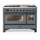 ILVE Majestic III 48-inch Dual Fuel Range with 5 Liquid Propane Burner, Griddle and Triple Glass Door Electric Oven in Blue Grey with Burnished Trim (UM48FNR3BGBLP)