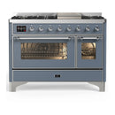 ILVE Majestic III 48-inch Dual Fuel Range with 5 Liquid Propane Burner, Griddle and Triple Glass Door Electric Oven in Blue Grey with Chrome Trim (UM48FNR3BGCLP)