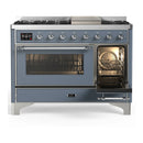 ILVE Majestic III 48-inch Dual Fuel Range with 5 Liquid Propane Burner, Griddle and Triple Glass Door Electric Oven in Blue Grey with Chrome Trim (UM48FNR3BGCLP)