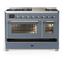 ILVE Majestic III 48-inch Dual Fuel Range with 5 Liquid Propane Burner, Griddle and Triple Glass Door Electric Oven in Blue Grey with Chrome Trim (UM48FNR3BGCLP)