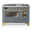 ILVE Majestic III 48-inch Dual Fuel Range with 5 Natural Gas Burner, Griddle and Triple Glass Door Electric Oven in Blue Grey with Brass Trim (UM48FNR3BGG)
