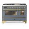 ILVE Majestic III 48-inch Dual Fuel Range with 5 Natural Gas Burner, Griddle and Triple Glass Door Electric Oven in Blue Grey with Brass Trim (UM48FNR3BGG)