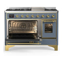 ILVE Majestic III 48-inch Dual Fuel Range with 5 Natural Gas Burner, Griddle and Triple Glass Door Electric Oven in Blue Grey with Brass Trim (UM48FNR3BGG)