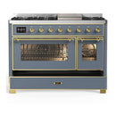 ILVE Majestic III 48-inch Dual Fuel Range with 5 Natural Gas Burner, Griddle and Triple Glass Door Electric Oven in Blue Grey with Brass Trim (UM48FNR3BGG)