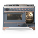 ILVE Majestic III 48-inch Dual Fuel Range with 5 Natural Gas Burner, Griddle and Triple Glass Door Electric Oven in Blue Grey with Copper Trim (UM48FNR3BGP)