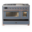 ILVE Majestic III 48-inch Dual Fuel Range with 5 Liquid Propane Burner, Griddle and Triple Glass Door Electric Oven in Blue Grey with Copper Trim (UM48FNR3BGPLP)