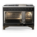 ILVE Majestic III 48-inch Dual Fuel Range with 5 Liquid Propane Burner, Griddle and Triple Glass Door Electric Oven in Glossy Black with Burnished Trim (UM48FNR3BKBLP)
