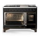 ILVE Majestic III 48-inch Dual Fuel Range with 5 Liquid Propane Burner, Griddle and Triple Glass Door Electric Oven in Glossy Black with Burnished Trim (UM48FNR3BKBLP)