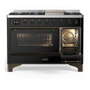 ILVE Majestic III 48-inch Dual Fuel Range with 5 Liquid Propane Burner, Griddle and Triple Glass Door Electric Oven in Glossy Black with Burnished Trim (UM48FNR3BKBLP)