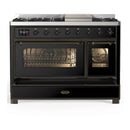 ILVE Majestic III 48-inch Dual Fuel Range with 5 Natural Gas Burner, Griddle and Triple Glass Door Electric Oven in Glossy Black with Burnished Trim (UM48FNR3BKB)