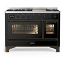 ILVE Majestic III 48-inch Dual Fuel Range with 5 Liquid Propane Burner, Griddle and Triple Glass Door Electric Oven in Glossy Black with Burnished Trim (UM48FNR3BKBLP)