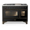 ILVE Majestic III 48-inch Dual Fuel Range with 5 Liquid Propane Burner, Griddle and Triple Glass Door Electric Oven in Glossy Black with Burnished Trim (UM48FNR3BKBLP)