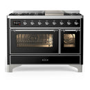 ILVE Majestic III 48-inch Dual Fuel Range with 5 Natural Gas Burner, Griddle and Triple Glass Door Electric Oven in Glossy Black with Chrome Trim (UM48FNR3BKC)