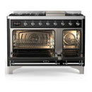 ILVE Majestic III 48-inch Dual Fuel Range with 5 Liquid Propane Burner, Griddle and Triple Glass Door Electric Oven in Glossy Black with Chrome Trim (UM48FNR3BKCLP)