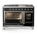 ILVE Majestic III 48-inch Dual Fuel Range with 5 Natural Gas Burner, Griddle and Triple Glass Door Electric Oven in Glossy Black with Chrome Trim (UM48FNR3BKC)