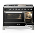 ILVE Majestic III 48-inch Dual Fuel Range with 5 Natural Gas Burner, Griddle and Triple Glass Door Electric Oven in Glossy Black with Chrome Trim (UM48FNR3BKC)