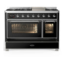 ILVE Majestic III 48-inch Dual Fuel Range with 5 Liquid Propane Burner, Griddle and Triple Glass Door Electric Oven in Glossy Black with Chrome Trim (UM48FNR3BKCLP)