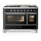 ILVE Majestic III 48-inch Dual Fuel Range with 5 Natural Gas Burner, Griddle and Triple Glass Door Electric Oven in Glossy Black with Chrome Trim (UM48FNR3BKC)