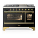 ILVE Majestic III 48-inch Dual Fuel Range with 5 Natural Gas Burner, Griddle and Triple Glass Door Electric Oven in Glossy Black with Brass Trim (UM48FNR3BKG)