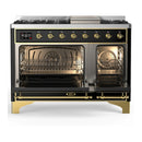 ILVE Majestic III 48-inch Dual Fuel Range with 5 Natural Gas Burner, Griddle and Triple Glass Door Electric Oven in Glossy Black with Brass Trim (UM48FNR3BKG)