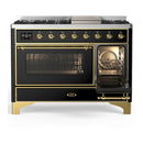 ILVE Majestic III 48-inch Dual Fuel Range with 5 Liquid Propane Burner, Griddle and Triple Glass Door Electric Oven in Glossy Black with Brass Trim (UM48FNR3BKGLP)