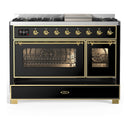 ILVE Majestic III 48-inch Dual Fuel Range with 5 Liquid Propane Burner, Griddle and Triple Glass Door Electric Oven in Glossy Black with Brass Trim (UM48FNR3BKGLP)