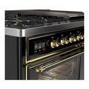 ILVE Majestic III 48-inch Dual Fuel Range with 5 Liquid Propane Burner, Griddle and Triple Glass Door Electric Oven in Glossy Black with Brass Trim (UM48FNR3BKGLP)