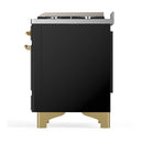 ILVE Majestic III 48-inch Dual Fuel Range with 5 Natural Gas Burner, Griddle and Triple Glass Door Electric Oven in Glossy Black with Brass Trim (UM48FNR3BKG)
