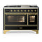 ILVE Majestic III 48-inch Dual Fuel Range with 5 Natural Gas Burner, Griddle and Triple Glass Door Electric Oven in Glossy Black with Brass Trim (UM48FNR3BKG)