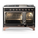 ILVE Majestic III 48-inch Dual Fuel Range with 5 Natural Gas Burner, Griddle and Triple Glass Door Electric Oven in Glossy Black with Copper Trim (UM48FNR3BKP)