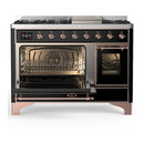 ILVE Majestic III 48-inch Dual Fuel Range with 5 Liquid Propane Burner, Griddle and Triple Glass Door Electric Oven in Glossy Black with Copper Trim (UM48FNR3BKPLP)