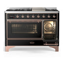 ILVE Majestic III 48-inch Dual Fuel Range with 5 Liquid Propane Burner, Griddle and Triple Glass Door Electric Oven in Glossy Black with Copper Trim (UM48FNR3BKPLP)