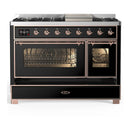 ILVE Majestic III 48-inch Dual Fuel Range with 5 Liquid Propane Burner, Griddle and Triple Glass Door Electric Oven in Glossy Black with Copper Trim (UM48FNR3BKPLP)