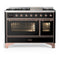ILVE Majestic III 48-inch Dual Fuel Range with 5 Natural Gas Burner, Griddle and Triple Glass Door Electric Oven in Glossy Black with Copper Trim (UM48FNR3BKP)