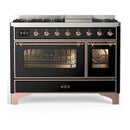 ILVE Majestic III 48-inch Dual Fuel Range with 5 Liquid Propane Burner, Griddle and Triple Glass Door Electric Oven in Glossy Black with Copper Trim (UM48FNR3BKPLP)
