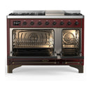 ILVE Majestic III 48-inch Dual Fuel Range with 5 Natural Gas Burner, Griddle and Triple Glass Door Electric Oven in Burgundy with Burnished Trim (UM48FNR3BUB)