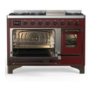 ILVE Majestic III 48-inch Dual Fuel Range with 5 Liquid Propane Burner, Griddle and Triple Glass Door Electric Oven in Burgundy with Burnished Trim (UM48FNR3BUBLP)