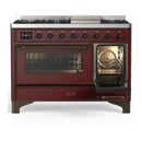ILVE Majestic III 48-inch Dual Fuel Range with 5 Liquid Propane Burner, Griddle and Triple Glass Door Electric Oven in Burgundy with Burnished Trim (UM48FNR3BUBLP)